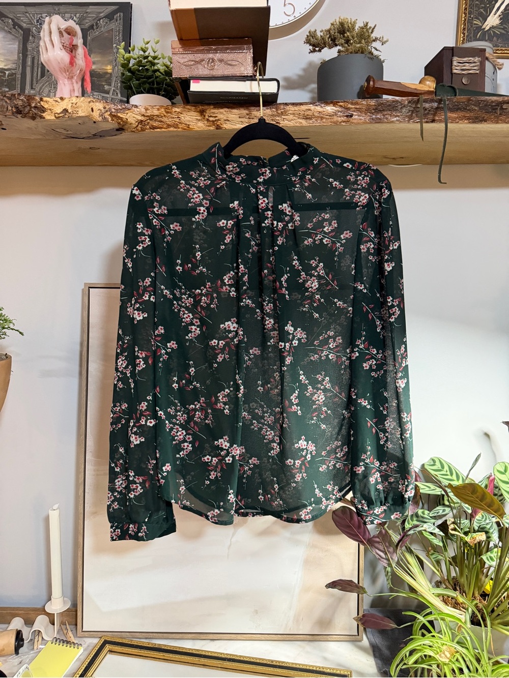 Sheer Floral High-Neck Blouse - Dark Green with Pink Blossoms